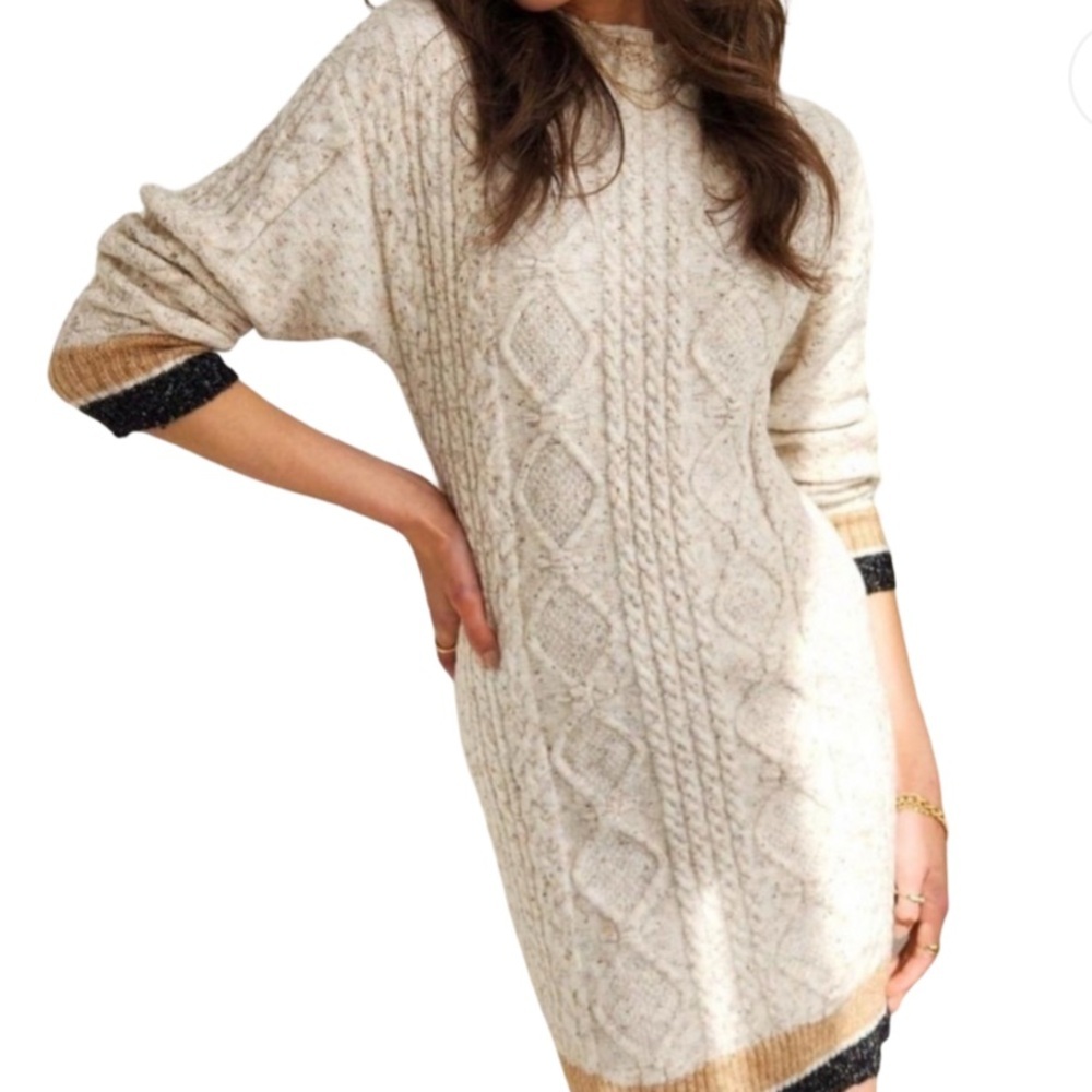HEARTLOOM NEVE DRESS IVORY SIZE: XS KNIT CABLE STITCH CONTRAST TRIM